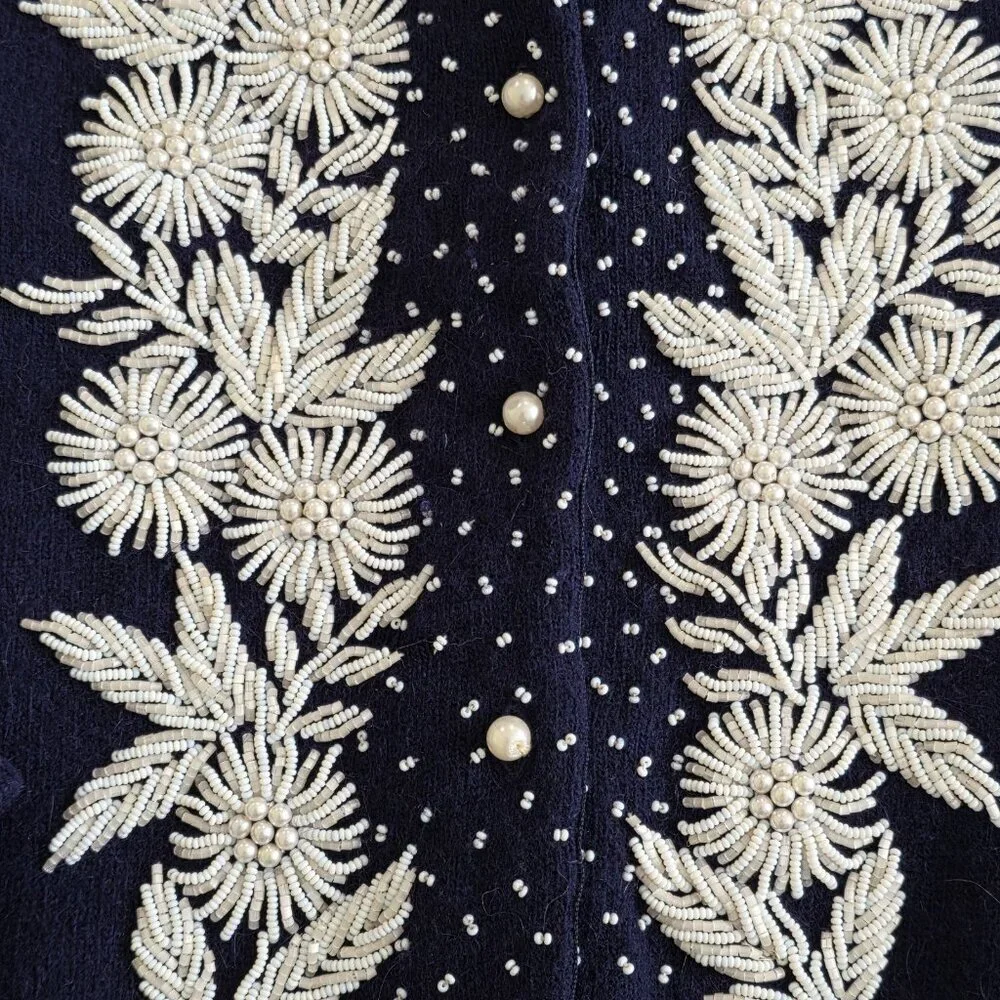 Vtg Embellished Beaded 1960s Cardigan Womens 44 L Blue Lined Floral Art To Wear - Picture 16 of 16